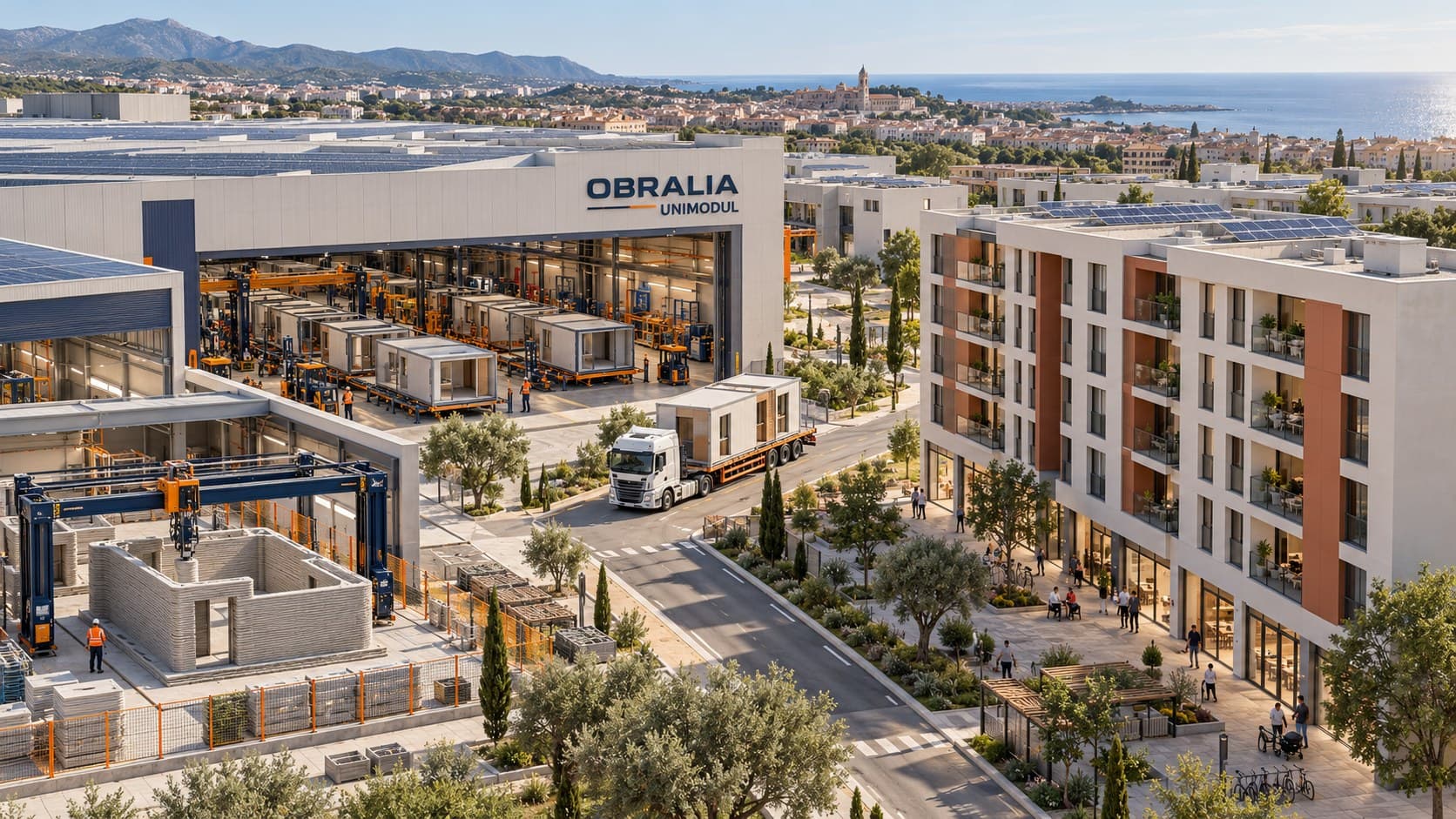Planta de módulos, impresión 3D en obra y viviendas terminadas