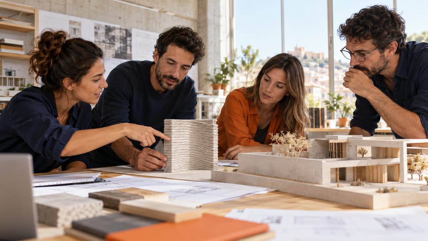 Equipo de diseño con maquetas y planos