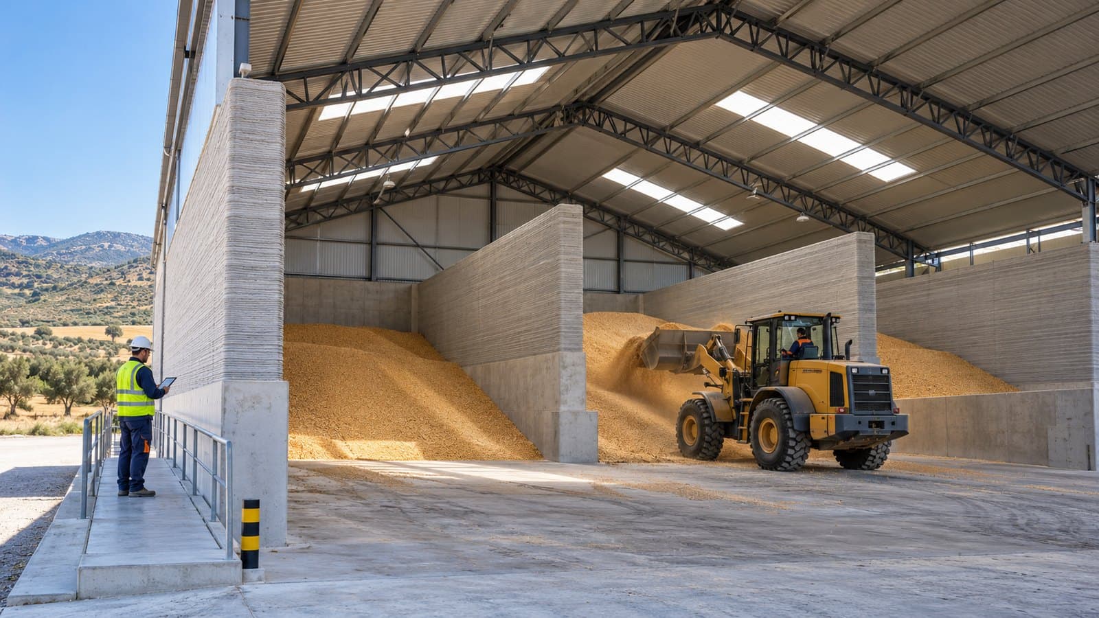 Almacén horizontal de grano — Propuesta conceptual con IA