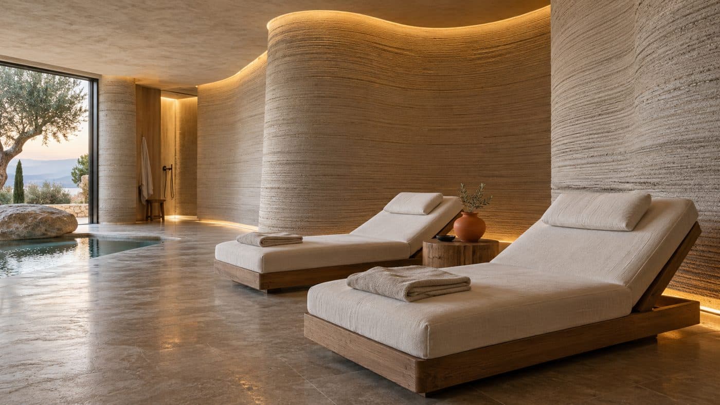 Interior de spa con muros de líneas continuas