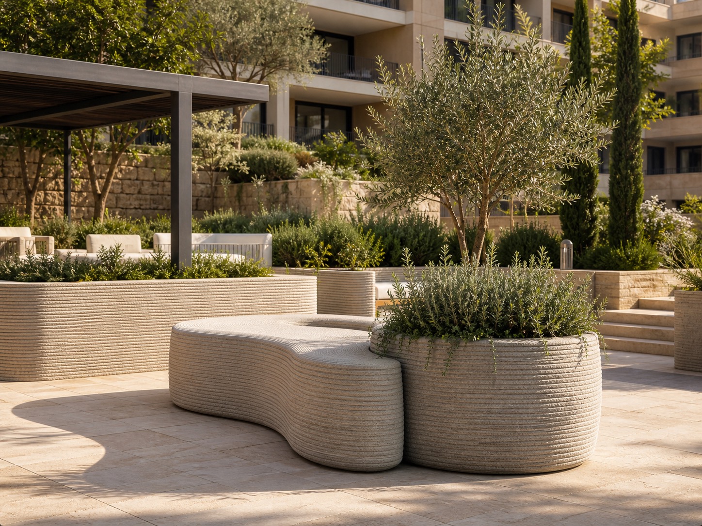 Zona común residencial con mobiliario de hormigón impreso