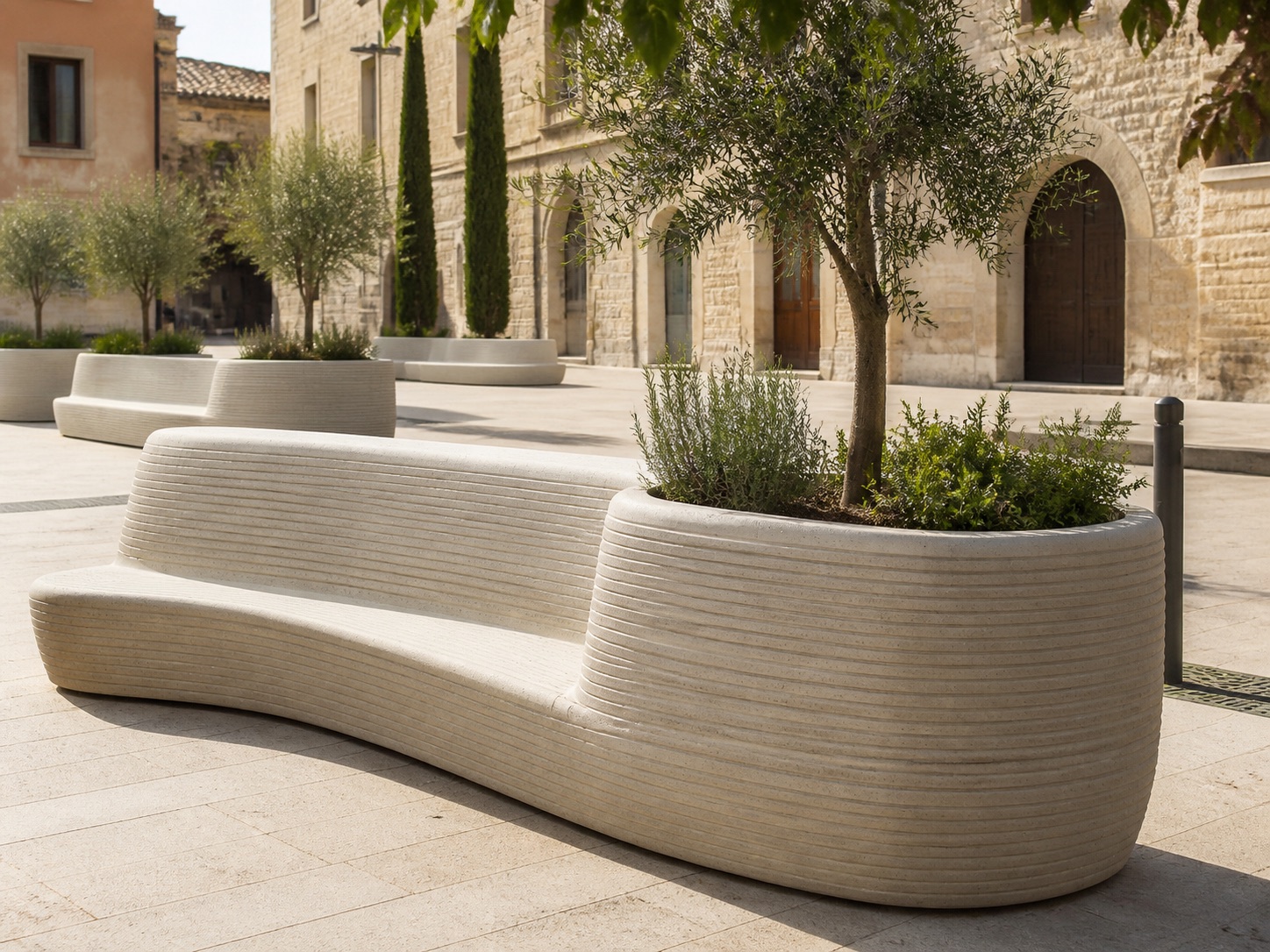 Banco urbano y jardinera de hormigón impreso en 3D